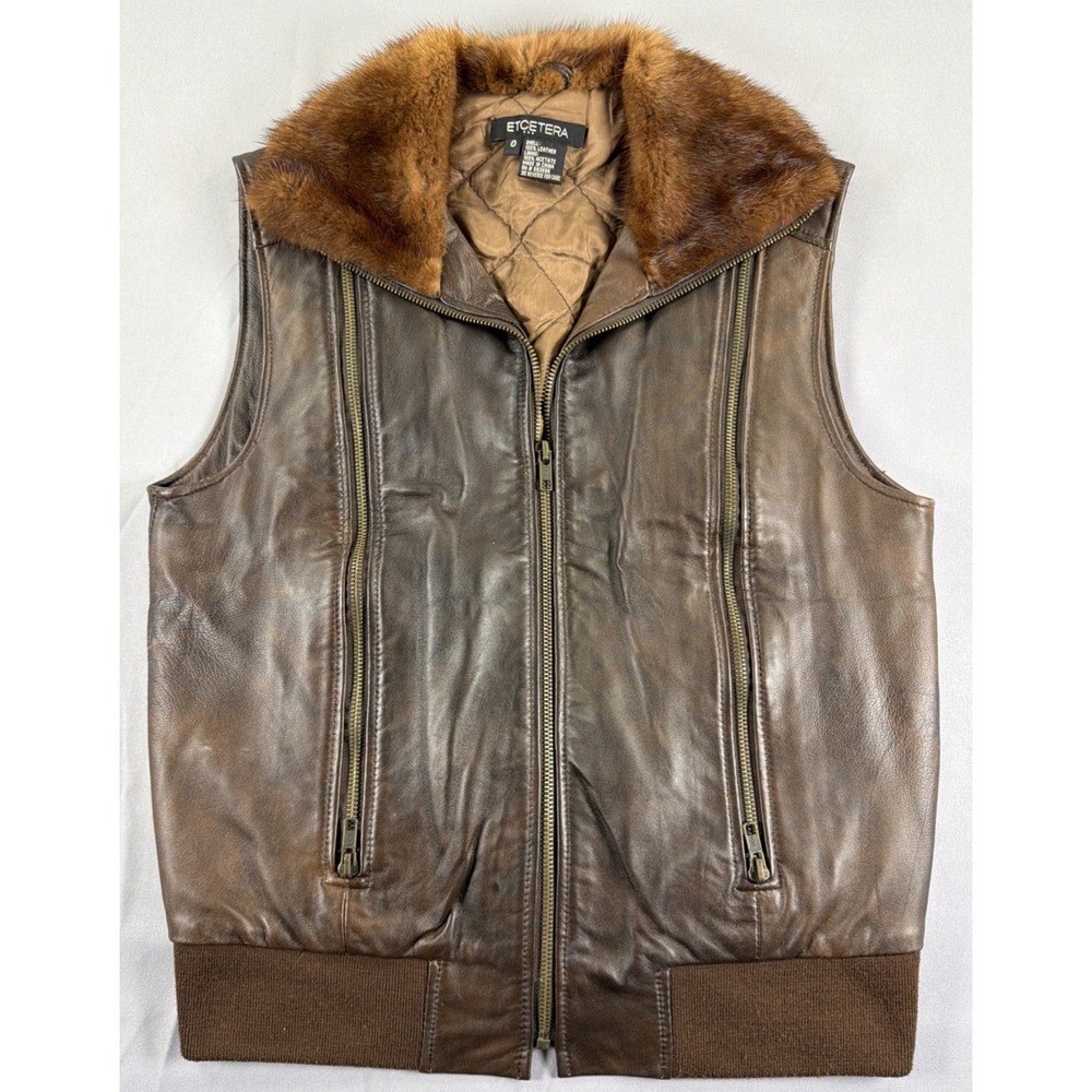 Etcetera Leather Vest Women's Brown Fur Collar Zip Front Moto Size 0